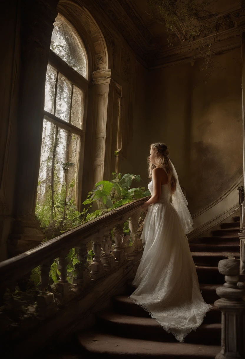 A decrepit Victorian-era mansion, its dilapidated exterior surrounded by overgrown vines, a ghostly woman in a tattered white dress haunts the grand staircase, the environment filled with old furniture covered in dust, capturing the eerie elegance, Photography, using a macro lens (100mm), focusing on the intricate decay, --ar 16:9 --v 5