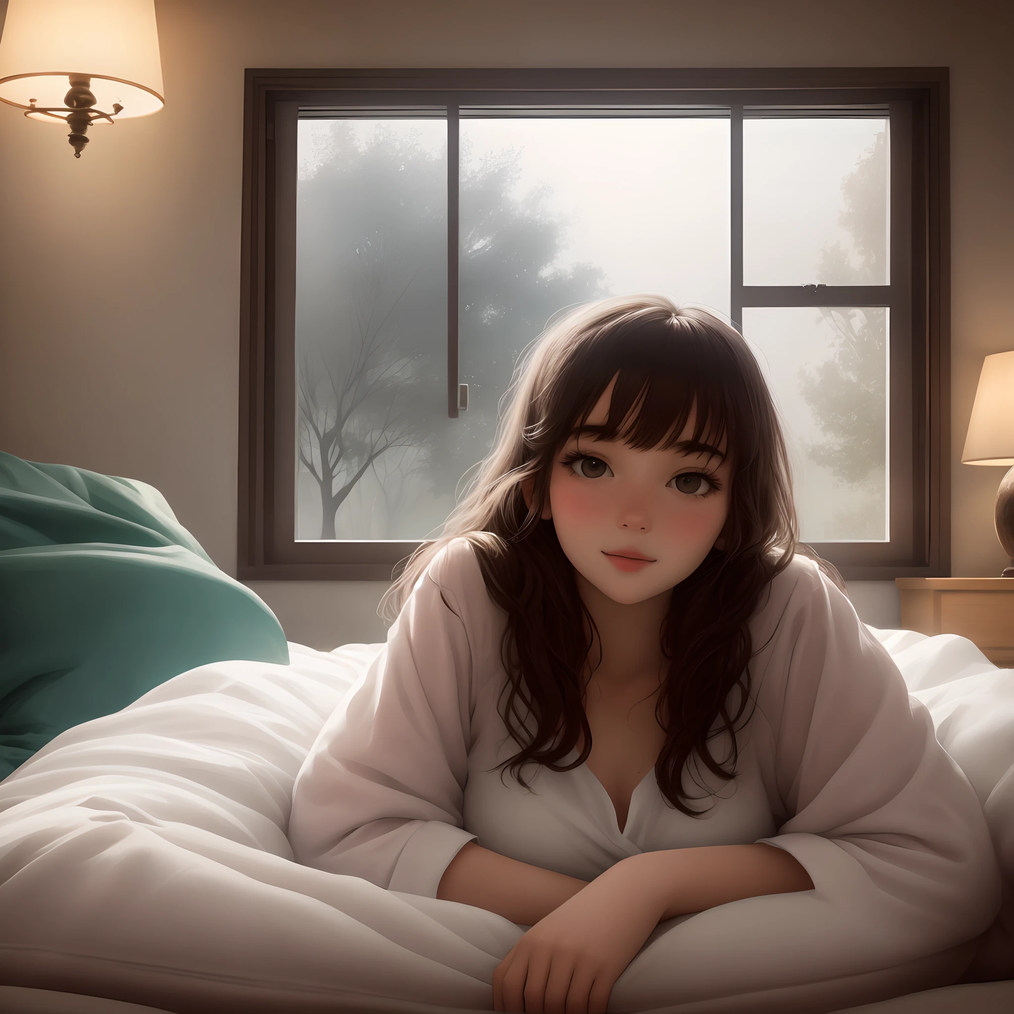 Two girls lying on a bed and looking out the window