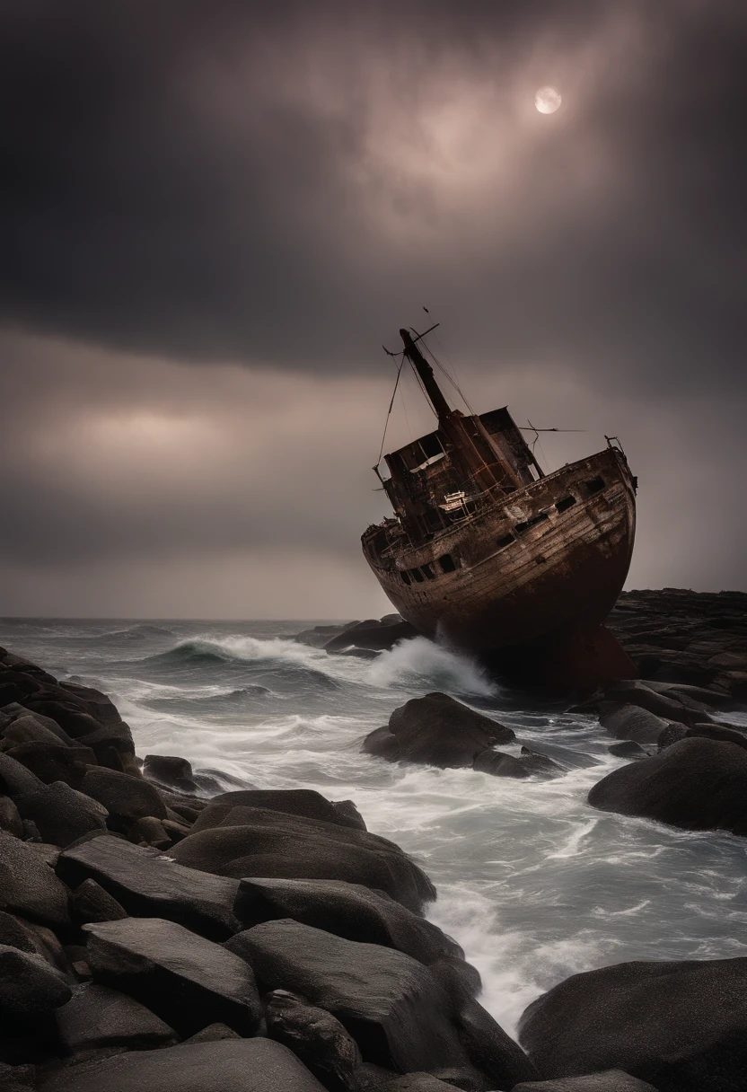 A haunted shipwreck on a desolate, rocky shore, spectral sailors wandering the deck, a stormy sea in the background, capturing the ghostly maritime scene, Photography, with a telephoto lens (200mm), emphasizing the isolation and eeriness, --ar 16:9 --v 5