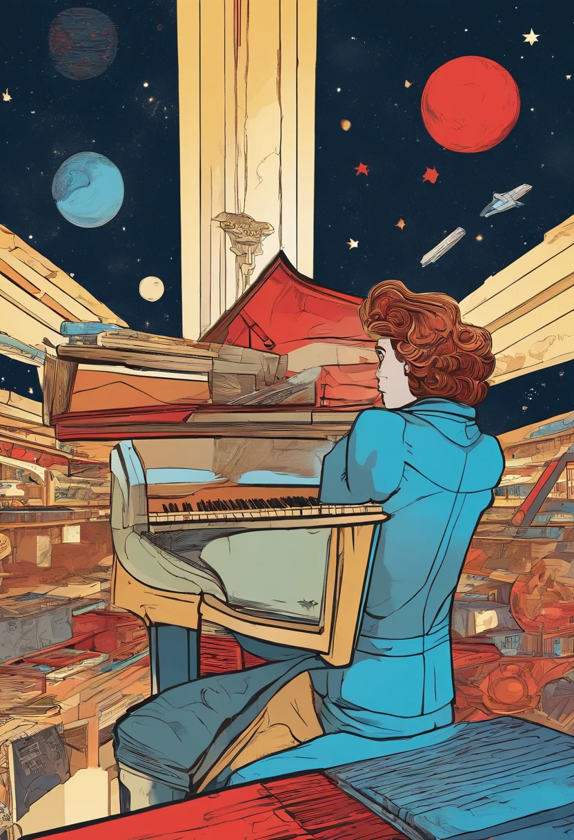 person, Playing the piano in space all alone, Bright Blue Colors, black, Red