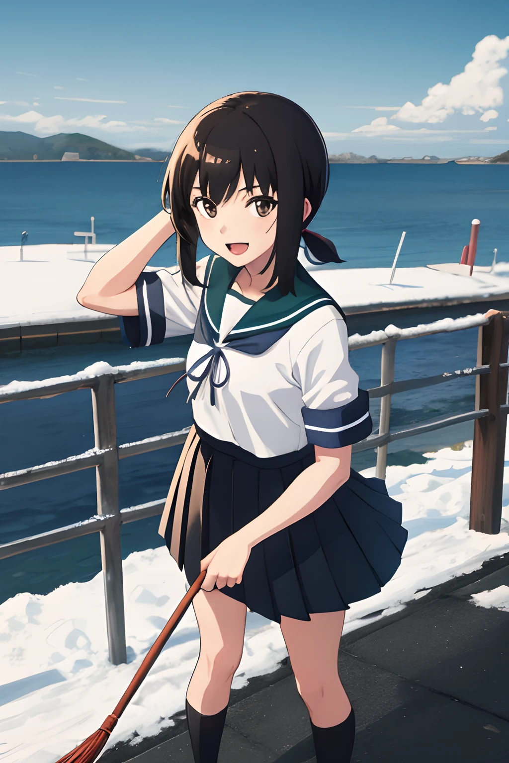(masutepiece, Best Quality:1.4), (Ultra-detailed:1.2), {Illustration,painting-like}, {studio lights, painting-like}, [Best Shadow],
(Konishi CSA)_(Shizuma CSA), (Alpha CDE:1.3)_(Gamma CDE:1.15),
BREAK
(Perfect Anatomy), (symmetrical eye, Ultra-detailed eyes, Beautiful eyes), (Sharp eyeliner, Ultra-detailed face, Beautiful face), (Brown eyes),
break
Nice hands, Perfect hands, hand of Guido Daniele,
BREAK 
1girl, Solo,
break
Fubuki KC, (Fubuki) uniform, (white) serafuku, (Turquoise Blue) Sailor collar, (Black) Pleated skirt, (Black) sox, shoes,
BREAK
looking at viewer, Cowboy Shot, face to the viewer, Smile, Open mouth, snow blowing, Sea-view harbor, Standing,
BREAK