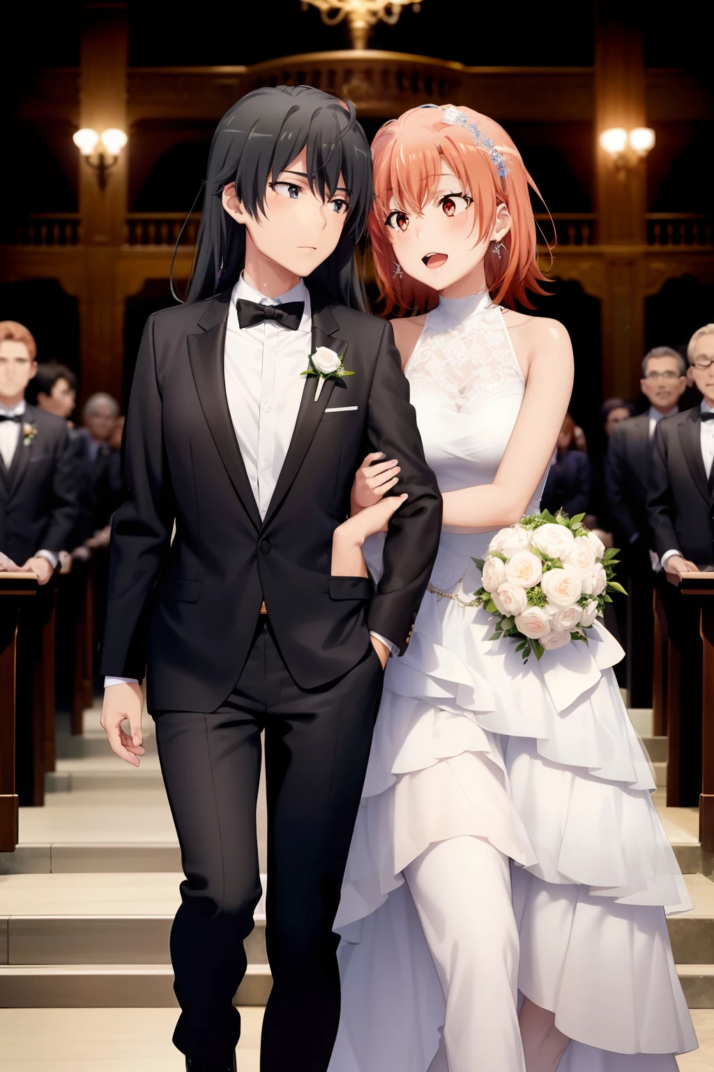 2girls, yuri, Yukinoshita Yukino in a black tuxedo and jeans marriage her bridal yuigahama yui with short orange hair in wedding Dress, wedding lesbian, only Females