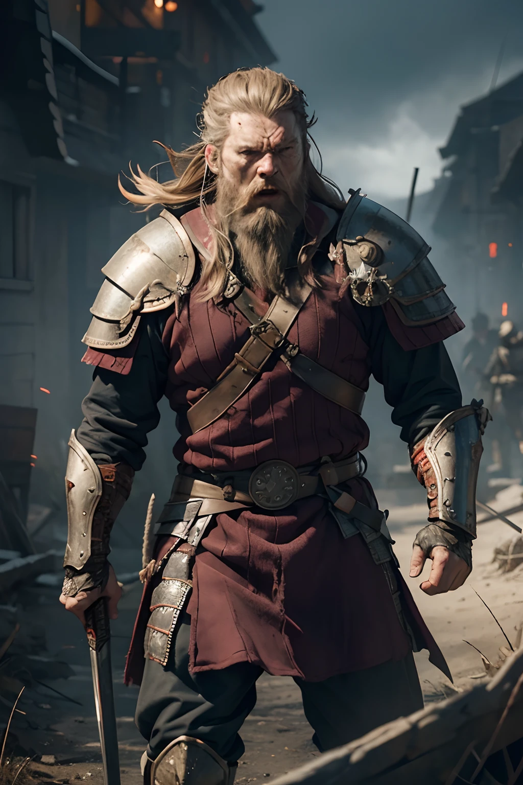 Man, Armored, Viking, axe in hand, angry, ready to fight, in the war, covered in blood, screaming