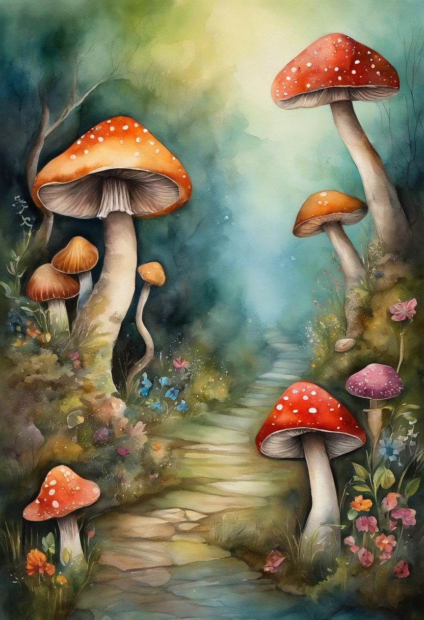 surrealism, dream-like,Fusion,A street in a fairytale land, shrooms, woods, at home,Flowers, street