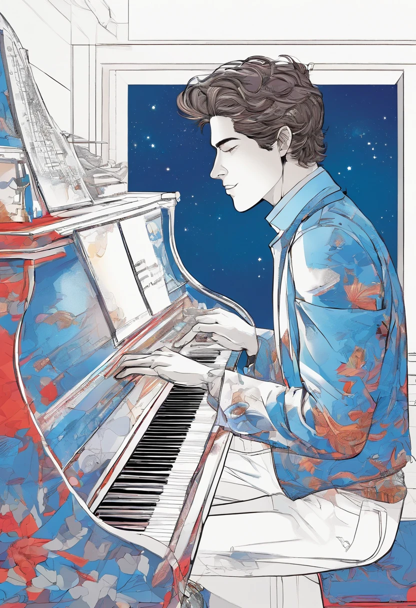 handsome male, Playing the piano in space,side view, All alone, Bright Blue Colors, black, Red