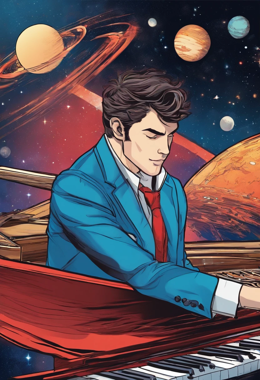 handsome male, Playing the piano in space,side view, All alone, Bright Blue Colors, black, Red