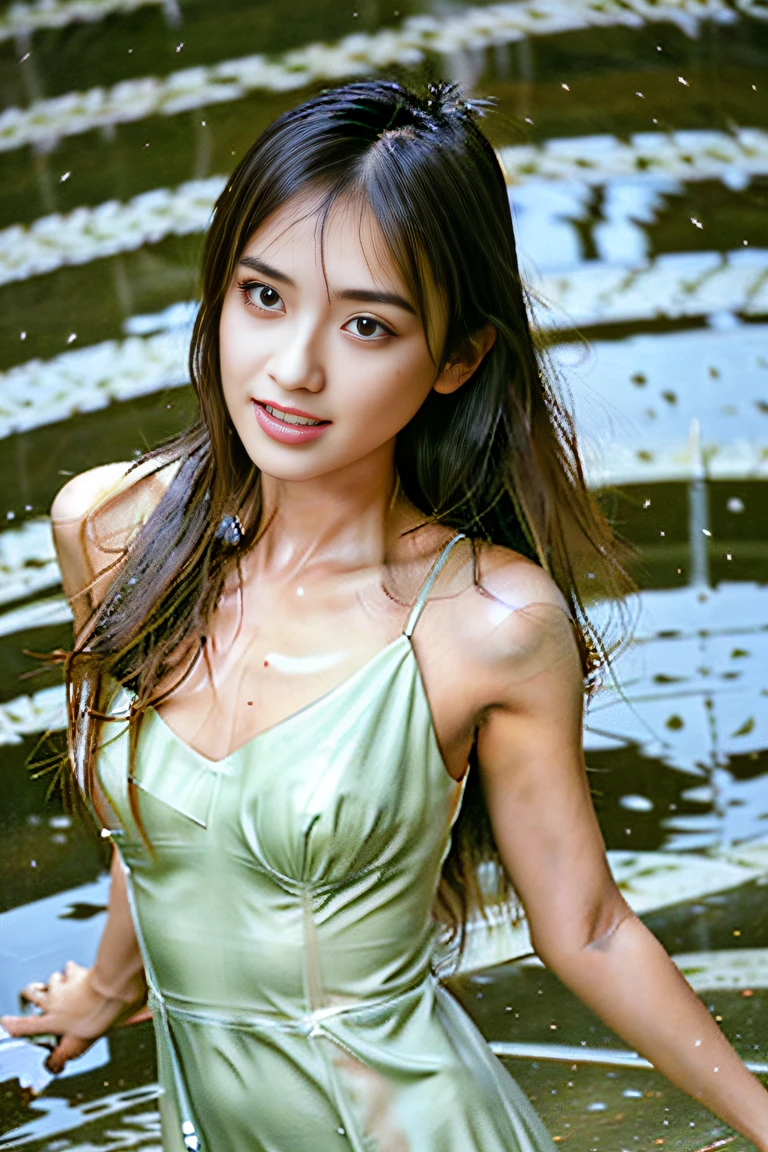 (((Draw only one woman: 2))), Beautiful 18 year old Japan woman, (Beautiful woman in sheer sleeveless dress: 1.5), ((Standing in a park where it is raining: 1.5)), ((1screen)), 8K, RAW shot, (Angle from diagonally above:1.5)、top quality photo, Masterpiece, Nice realistic photos, ((Anatomically correct proportions: 1.5)), ((perfectly proportions)), Cute woman like an idol in Japan, Detailed face, Detailed eyes, Narrow Nose, Detailed hands and fingers, detailed arms , Detailed skin, Detailed legs, short torso, Slender body, (Beautiful long hair: 1.5), (Large breasts: 1.6), (wetted skin:1.4)、(Wet clothes:1.3)、(Wet hair:1.1)、(Dresses in neutral colors in bright colors:1.4)