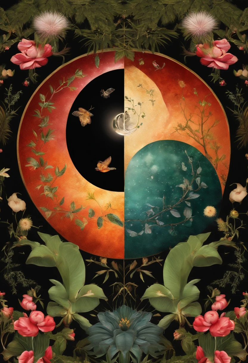 best qualtiy,daynight, yin yang, yinyang shaped, Central symmetry, representing the wild cherry and cactus hybrid, in harmony with nature, harmony of nature, Excellent digital art with rich details