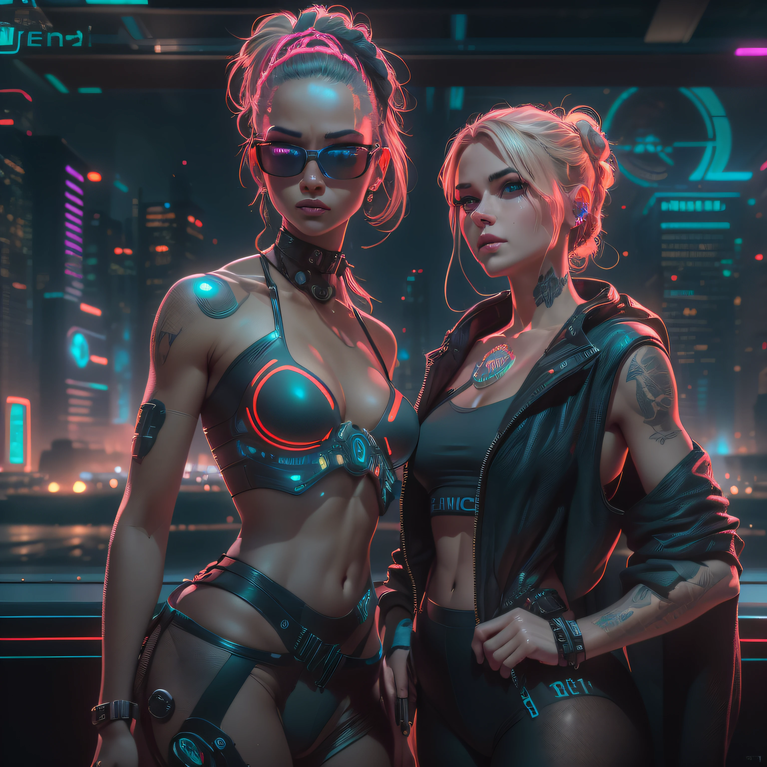 (highly detailed: 1.2), (canon EOS R6 best quality: 1.2), (8k: 1.0), (emb-rrf-low: 1.0), (lots of big black tattoos on the head, detailed face, hyper detailed eyes and augmented reality glasses: 1.2), sharp focus (awarding photo: 1.2), (subsurface scatter: 1.1) (two beautiful young humanoid girls ultra detailed: 1.2 ), (Hyper-Detailed Hair: 1.2), (Wonderful Body: 1.2), (Full Body: 1.2), (Dynamic Stance :1.2), Neon Glow, (Detailed Cybernetic Eyes:1.1), Close-up (Hyperrealistic:1.2), RPG, CyberPunk 2077 Style, Dramatic Lighting, (Highly Detailed Futuristic Cityscape:1.2), (Sci-Fi:1.2), Professional Portrait Photography, by wlop greg rut kowski jeffrey simpson alphonse mucha