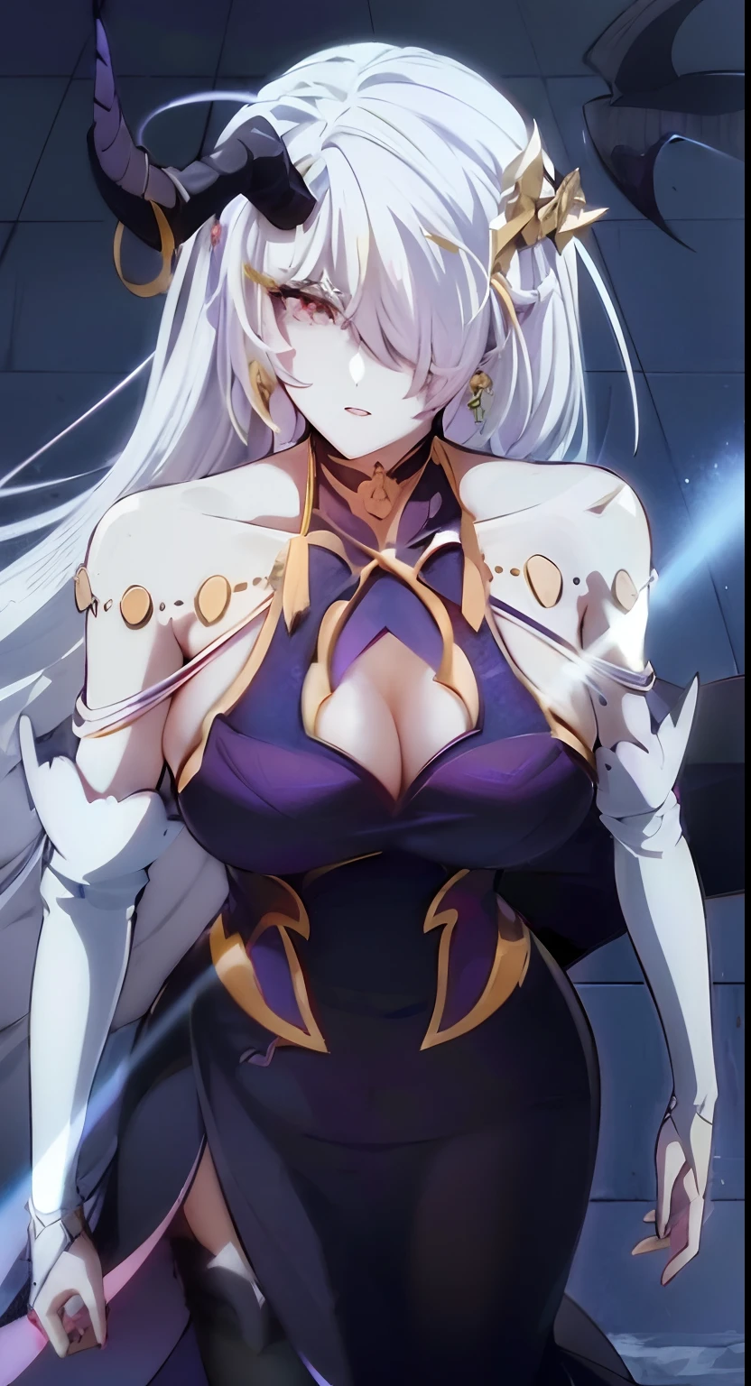 a woman in a purple dress with horns and a sword, white haired deity, portrait knights of zodiac girl, scales covering her chest, ayaka genshin impact, knights of zodiac girl, hajime yatate, anime goddess, masterpiece goddess of sorrow, neferpitou, fate grand order, ((a beautiful fantasy empress)), female anime character