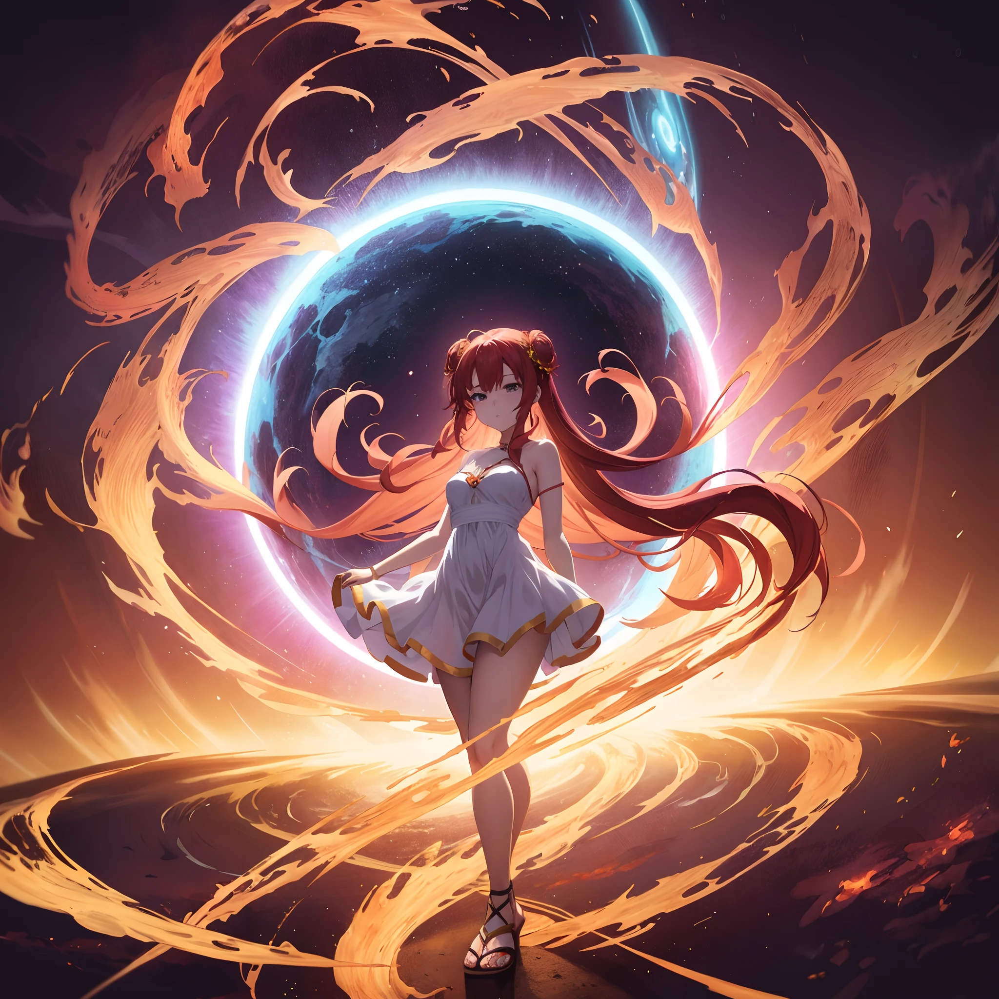 a girl in a dress standing in front of a spiral of fire, anime epic artwork, engulfed in swirling flames, anime style 4 k, anime fantasy artwork, flame vortex, anime art wallpaper 4k, beautiful anime artwork, anime art wallpaper 4 k, anime fantasy illustration, 4k anime wallpaper, a portal to the lost flame realm, ethereal anime