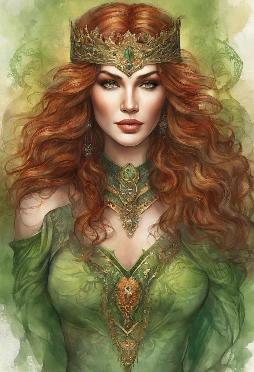 (Masterpiece, Top Quality, Best Quality, official arts, beautiful and aesthetic:1.2), Girl, Detailed Face, Monica Bellucci, Long curly scarlet hair, Green eyes, full - body, green shirt, corset, celestial, hunter, extremely beautiful, higly detailed, (Fire in the background), light effects, highest detail, particles floating, Ancient runes, Geometric patterns, V0id3nergy , dove, eye shadow, epic atmosphere