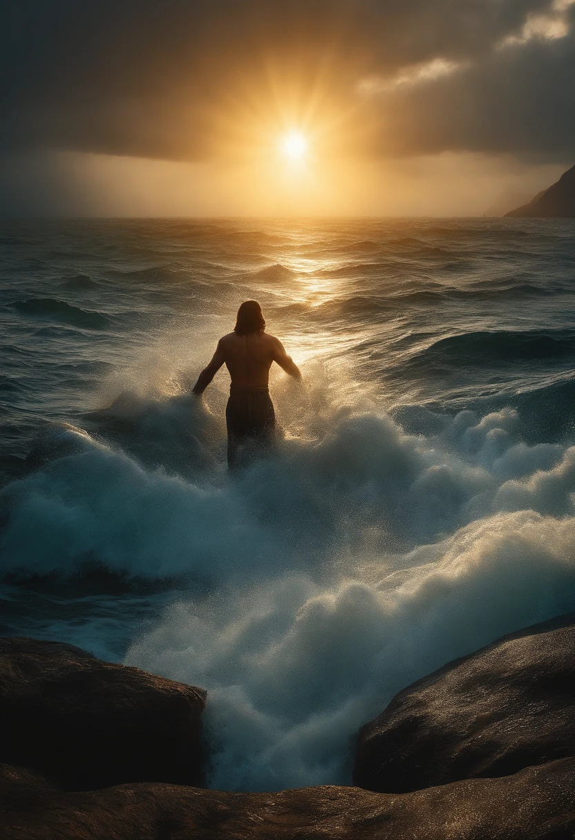 Greek stoic man statue with a strong and robust body, similar to the ancient statue of Zeus, wet with water on the body, golden tunic, white and silver eyes, sea landscape background, sea water splashing on the statue looking like it is wet, effect rain, lightning passing behind the statue in several places in the photo