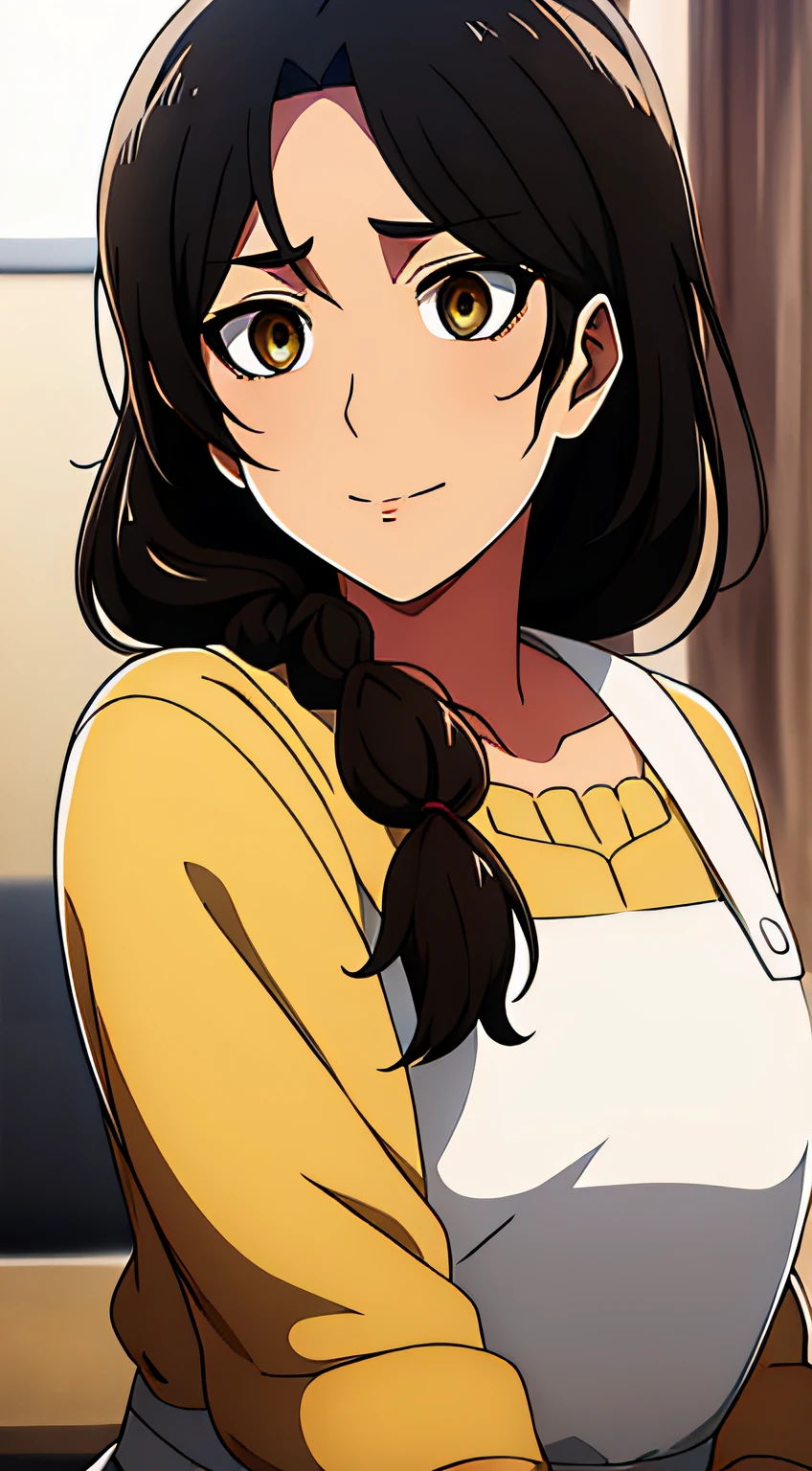 Camisa amarilla,escote,, mangas largas,Delantal blanco, cabello negro, brown eyes, flequillo, single braid, 1 girl in, 20yo,Mujer joven,Hermoso dedo,,Hermosa nariz,Beautiful character design, ojos perfectos, Cara perfecta,ojos expresivos, Mirando al espectador, escote, breasts
