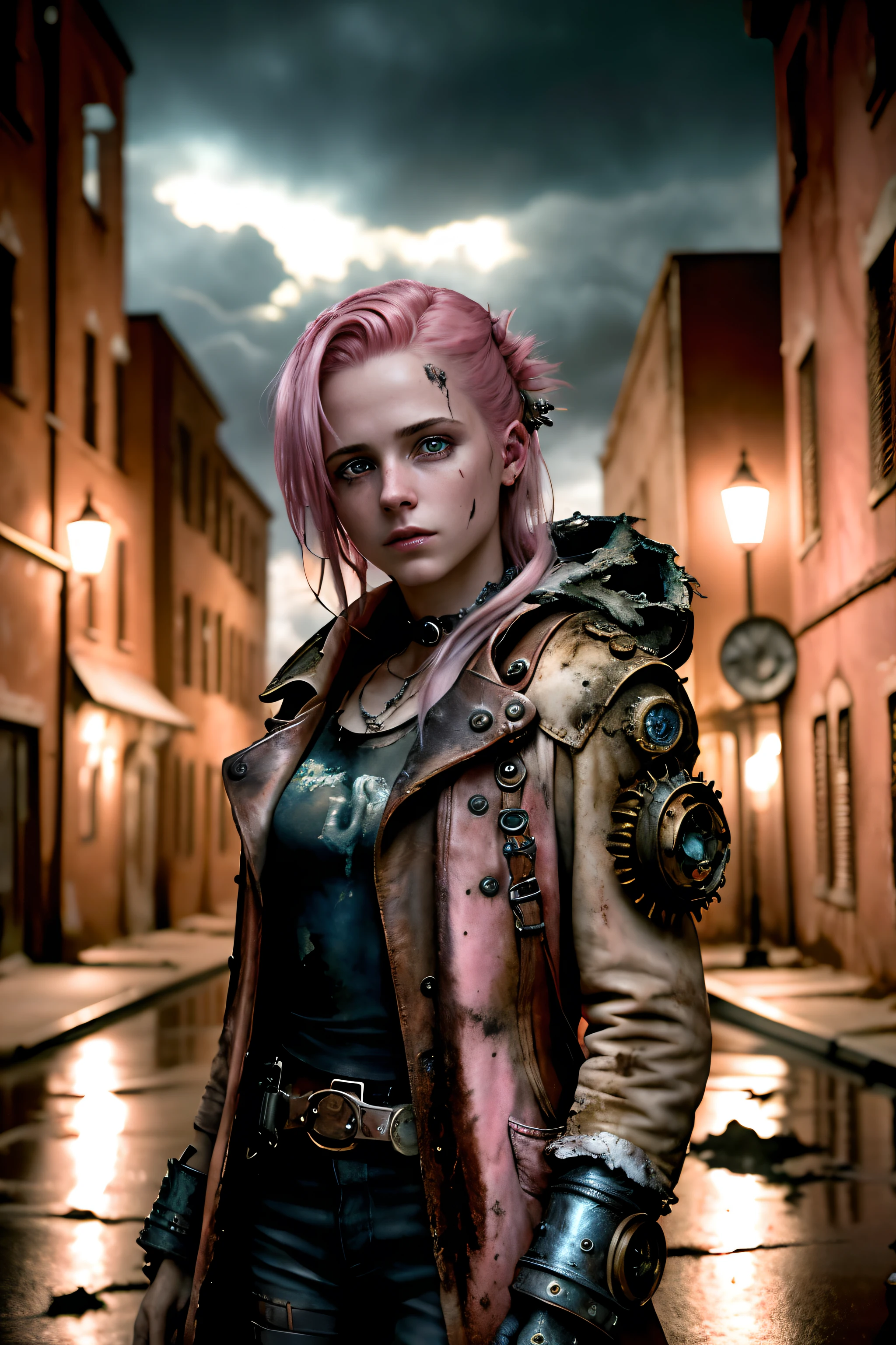 masterpiece, ultra detailed, 8K, Raw photo, Realistic light, Cinematic composition, skyscape with clouds, full colours nightfall, depth of field, 35 mm, postapocalyptic aura, steampunk aesthetic, 18 years old cute woman, on the ruined street, (torn dirty steampunk clothing), cute sexy, depth of field, (Focus: 1.2), dark atmosphere, in dinamic movement, cinematic lighting, detailed face and skin texture, fine eyes, pink hair colour, action movie style, vivid colours