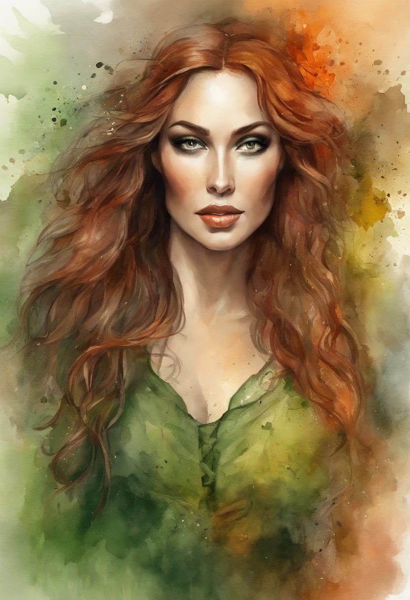 (Masterpiece, Top Quality, Best Quality, official arts, beautiful and aesthetic:1.2), Girl, Detailed Face, Monica Bellucci, Long curly scarlet hair, Green eyes, full - body, green shirt, corset, flame, witchy, extremely beautiful, higly detailed, (Fire in the background), light effects, highest detail, particles floating, Ancient runes, Geometric patterns, V0id3nergy , dove, eye shadow, epic atmosphere