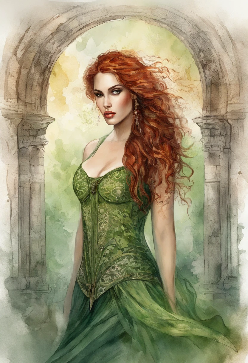 (Masterpiece, Top Quality, Best Quality, official arts, beautiful and aesthetic:1.2), Girl, Detailed Face, Monica Bellucci, Long curly scarlet hair, Green eyes, full - body, green shirt, corset, flame, witchy, extremely beautiful, higly detailed, (Fire in the background), light effects, highest detail, particles floating, Ancient runes, Geometric patterns, V0id3nergy , dove, eye shadow, epic atmosphere