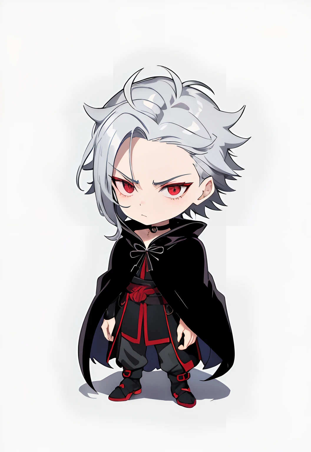 Caricature of a man in a cloak, tchibi, a silver haired mad, Inspired by Gigadō Ashiyuki, advanced digital chibi art, full body portrait of a short!, inspired by Aquirax Uno, unknown artstyle, [ Digital art ]!!, Ash, Silver eyes，full bodyesbian, He has dark gray mullet heads, Cold，choker necklace，algidity，Heteropupil，Dark red cloak，Skinny black pants