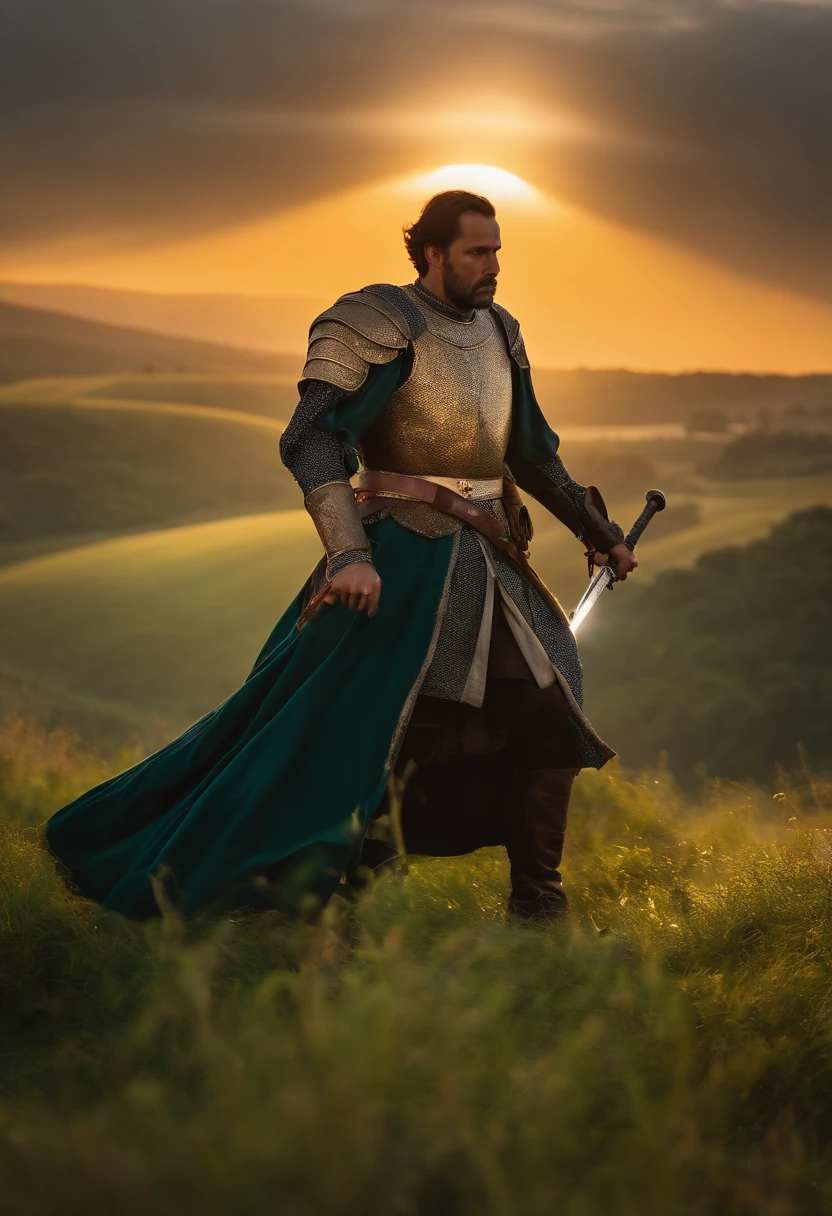 Manoel Gomes dressed as a medieval knight using a sword of light as he fights on a verdant hill with the sunset in the background where 10 bears come against him