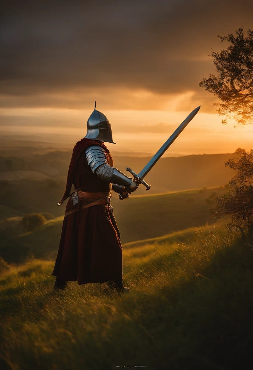 Manoel Gomes dressed as a medieval knight using a sword of light as he fights on a verdant hill with the sunset in the background where 10 bears come against him