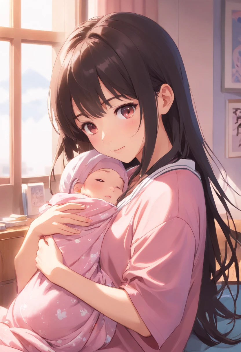 photoreallistic, Best quality, hyper detailed, Soft natural light from the window Nikon Z6 Camera 35mm lens Aperture f/2.8 Manual ISO 200 Focal Length Adjustments : 35 mm Moderate depth of field to emphasize the subject Warm and calming colors A mother with brown bangs and brown clothes, holding her girl with long hair black bangs and pink newborn clothes, Nurser