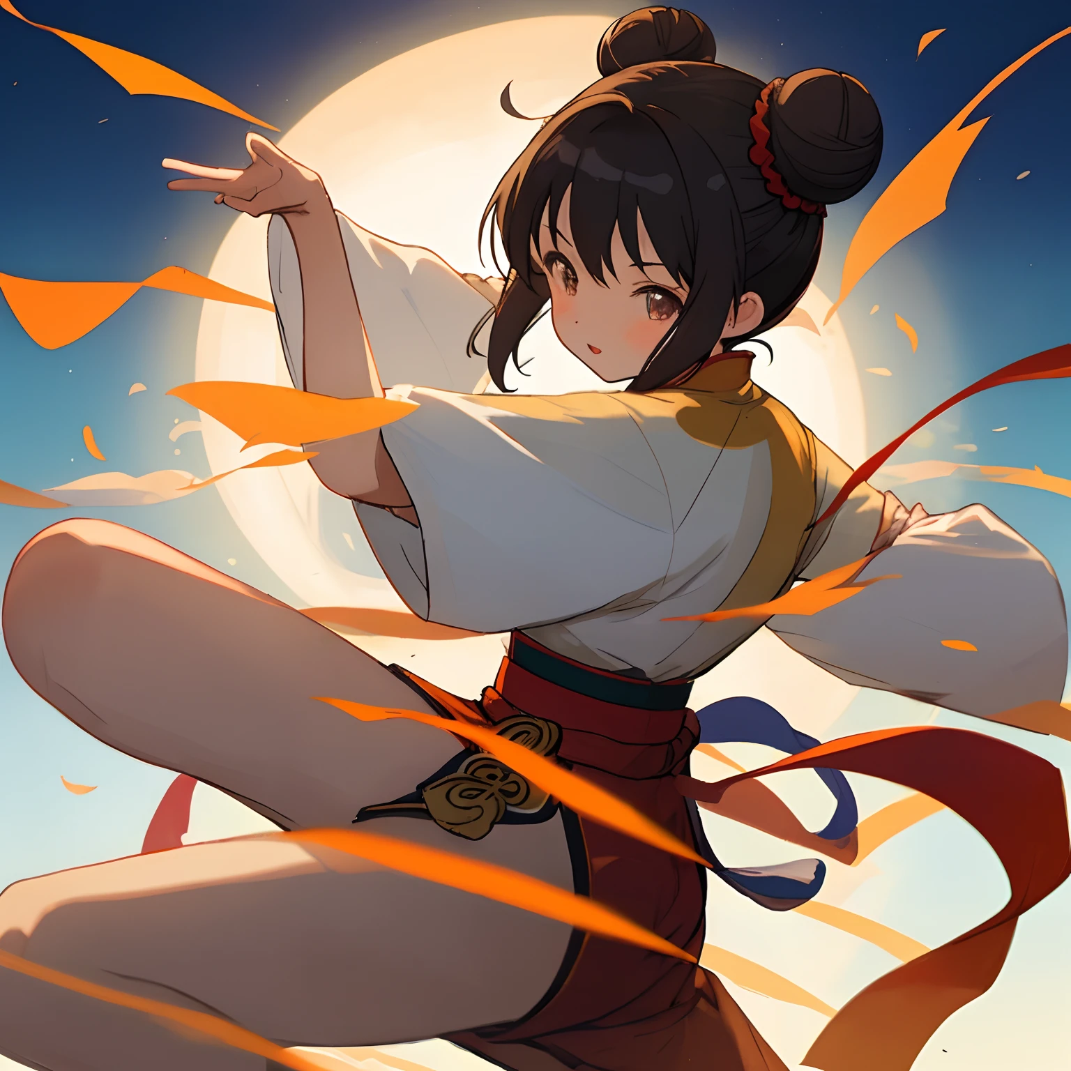 China Musume　　Two bun hair　A dark-haired　Kung fu pose with one leg raised