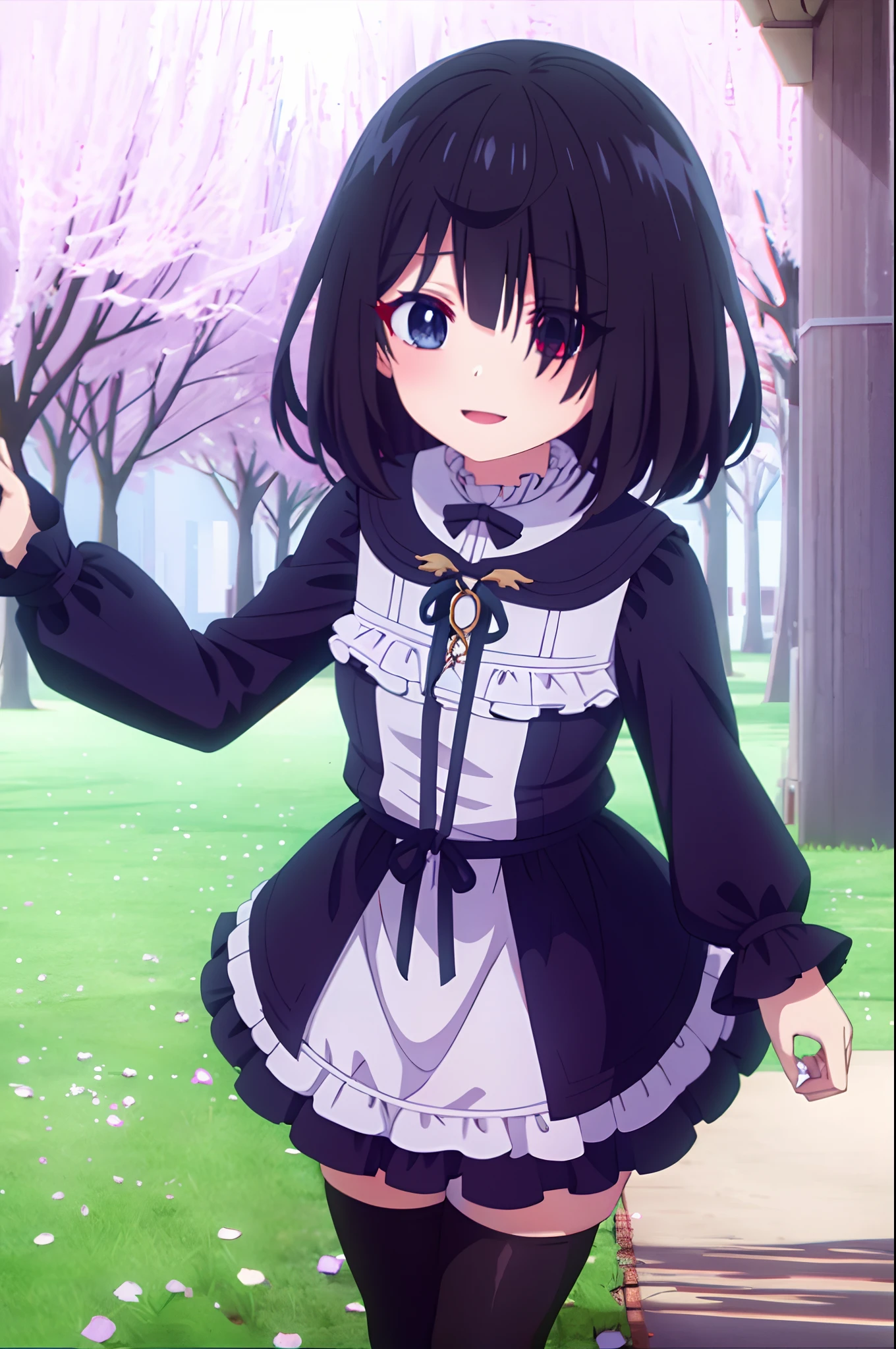 shiina_tsumugi, 1girl, bangs, blue eyes, red eyes, eyes visible through hair, hair between eyes, heterochromia, short hair, black hair, standing, hair over one eye, long sleeves, frilled dress, black dress, black thighhighs, cowboy shot, arms behind back, masterpiece, smile, ((upper body)), outdoors, facing viewer, flower field,