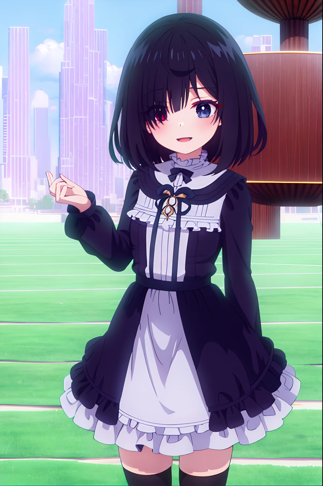shiina_tsumugi, 1girl, bangs, blue eyes, red eyes, eyes visible through hair, hair between eyes, heterochromia, short hair, black hair, standing, hair over one eye, long sleeves, frilled dress, black dress, black thighhighs, cowboy shot, arms behind back, masterpiece, smile, ((upper body)), outdoors, facing viewer, flower field,