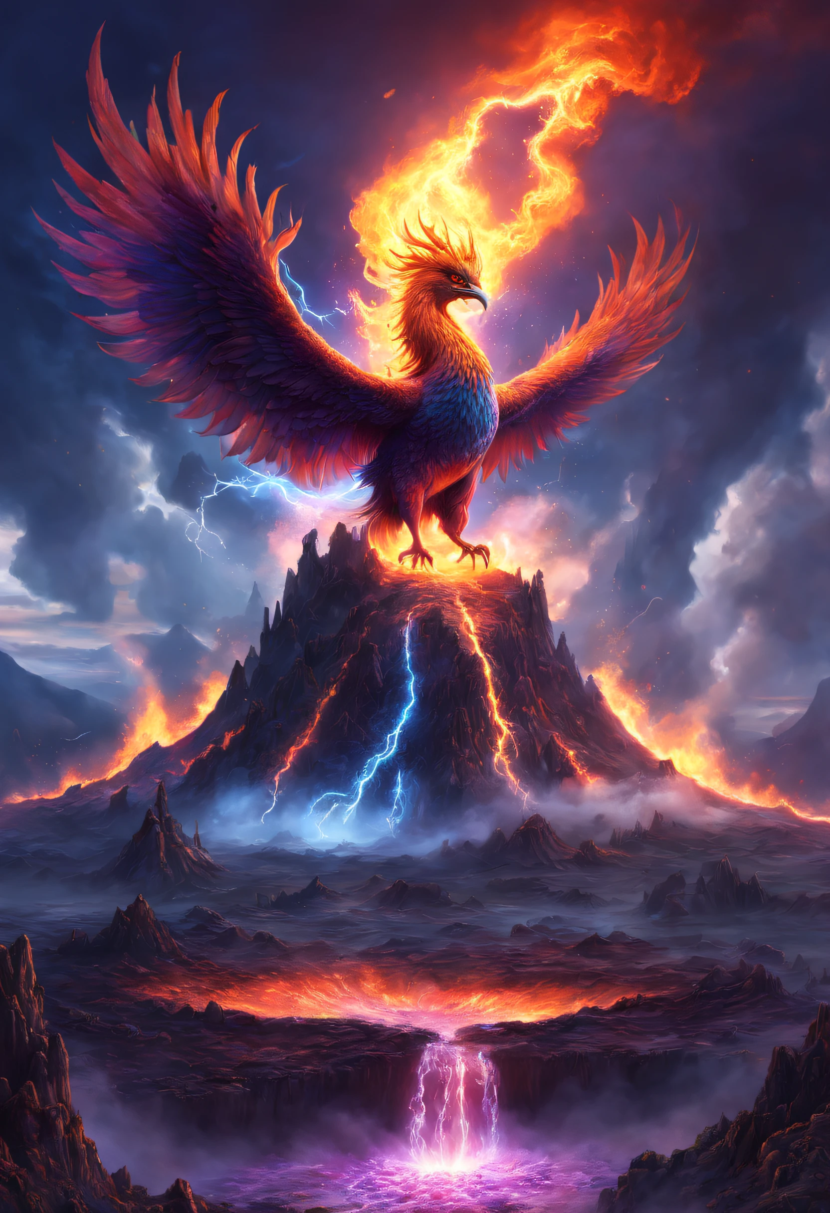 Doomsday landscape,a volcano erupts,Flame sputtering,blasts,molten lava,The phoenix emerged from the smoke,Liquid lava,Colorful phoenix,Paired with purple and blue, fantasy highly detailed, With gorgeous magic lightning rings, magia, beautiful detailed fantasy, hyper-high detail, , magic fantasy highly detailed, stuning fantasy 3 d render, Inspired by L. Highly detailed aesthetics, hyper-high detail
