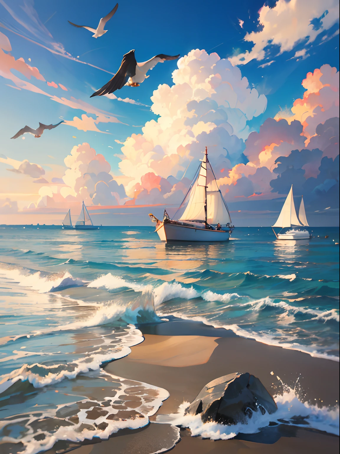 On the beach by the sea，The golden sun shines on the delicate white sand，The waves gently lapping against the rocks，Bring out the cool sea breeze。Seagulls soar in the air，There is a small boat quietly moored on the sea。Clouds in the sky come in different shapes，Dense and soft like wool。The whole picture creates a peaceful and laid-back atmosphere，It's heart-wrenching
