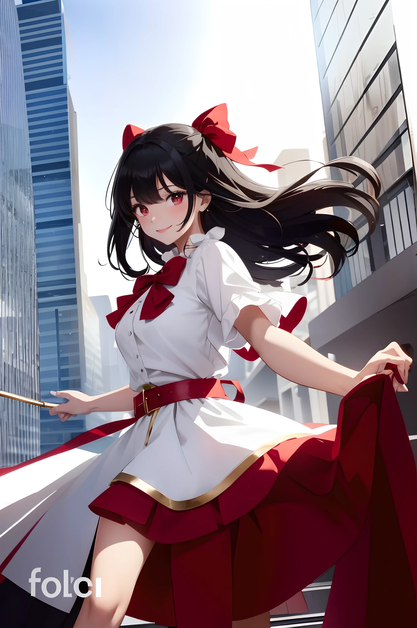 A woman wears a white blouse with a red bow,and is twirling her dress while looking back at viewer with a smile. her eyes are sparkling gold, ((black hair with golden strands)), red and white dress with red belt around the waist