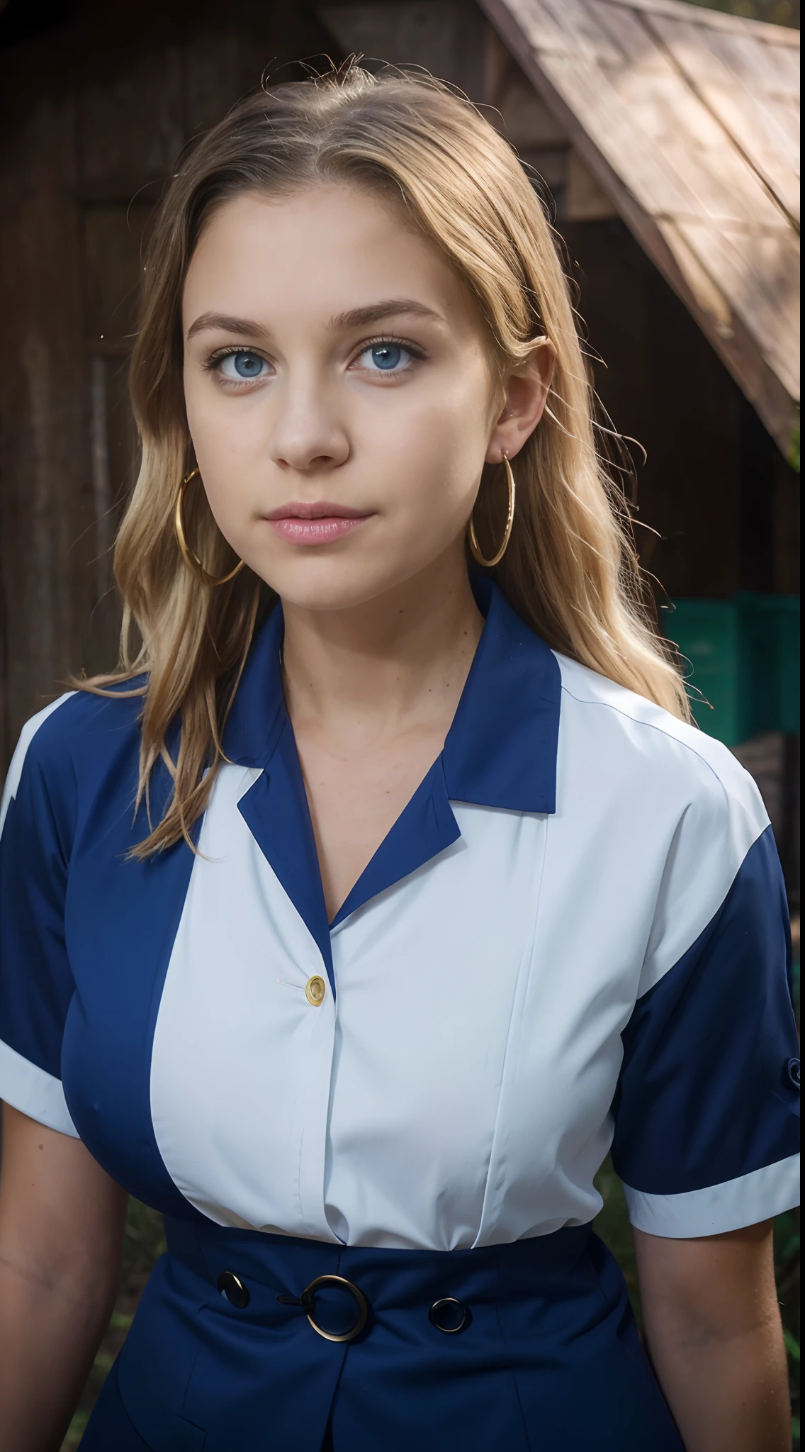 ((pre-)), beautiful girl, model body, big blue eyes, small breasts, long legs, medium hoop earrings, flight attendant uniform, shot from above, very white skin, long hair, wavy hair, blonde hair , Cabin in the woods, photorealistic, Indirect lighting, volumetric light, ray tracing, hyper-detailed, best quality, ultra-high resolution, HDR, 8k, heavy volumetric fog