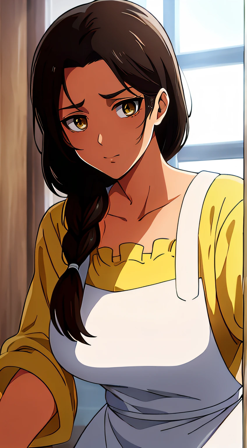 Camisa amarilla,escote,, mangas largas,Delantal blanco, cabello negro, brown eyes, flequillo, single braid, 1 girl in, 20yo,Mujer joven,Hermoso dedo,,Hermosa nariz,Beautiful character design, ojos perfectos, Cara perfecta,ojos expresivos, Mirando al espectador, escote, breasts