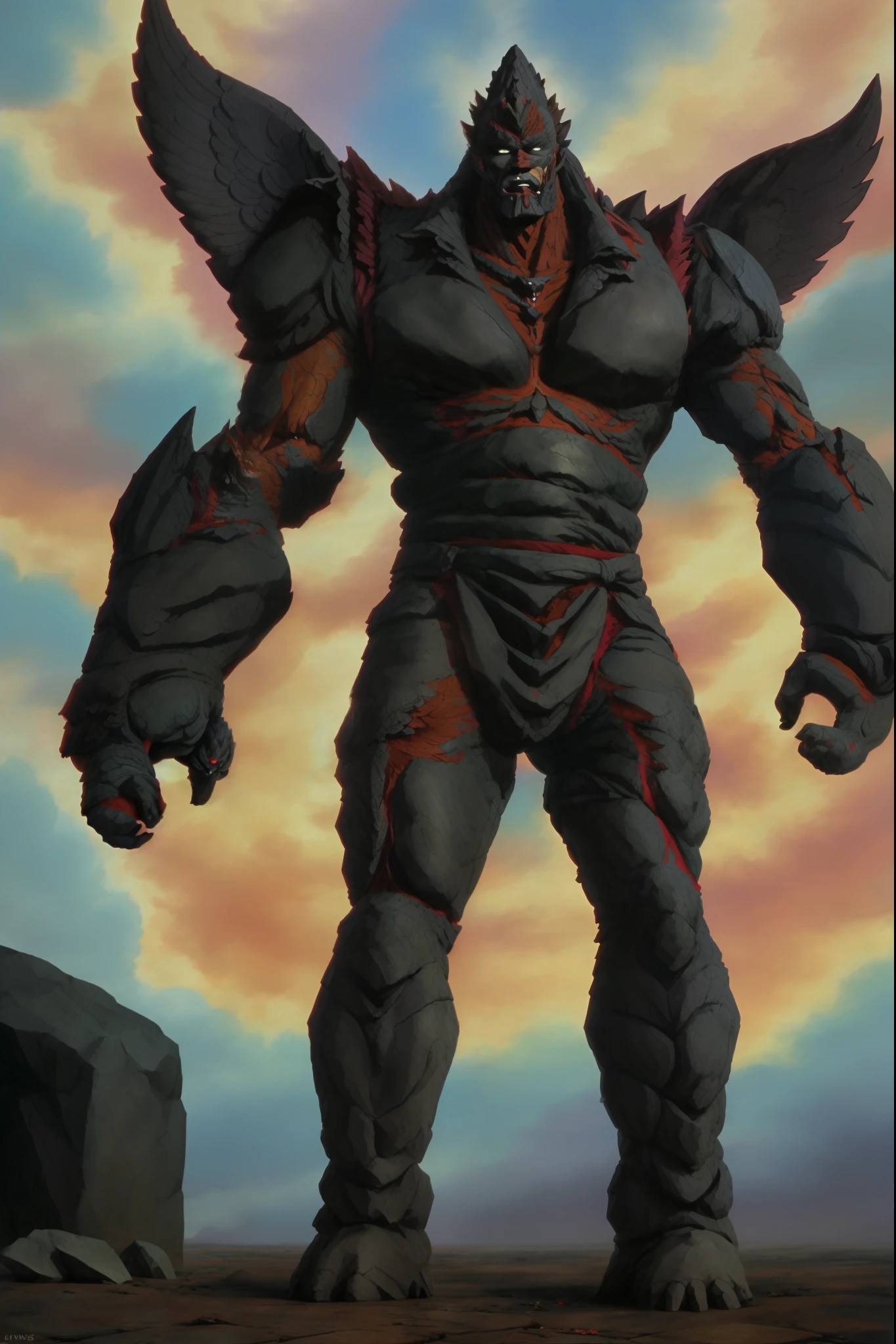 tall man, stone body, flower eyes, angel and demon wings, long hair, HNKstyle, 80's anime,, pants, armor, dress,stone golem, full body