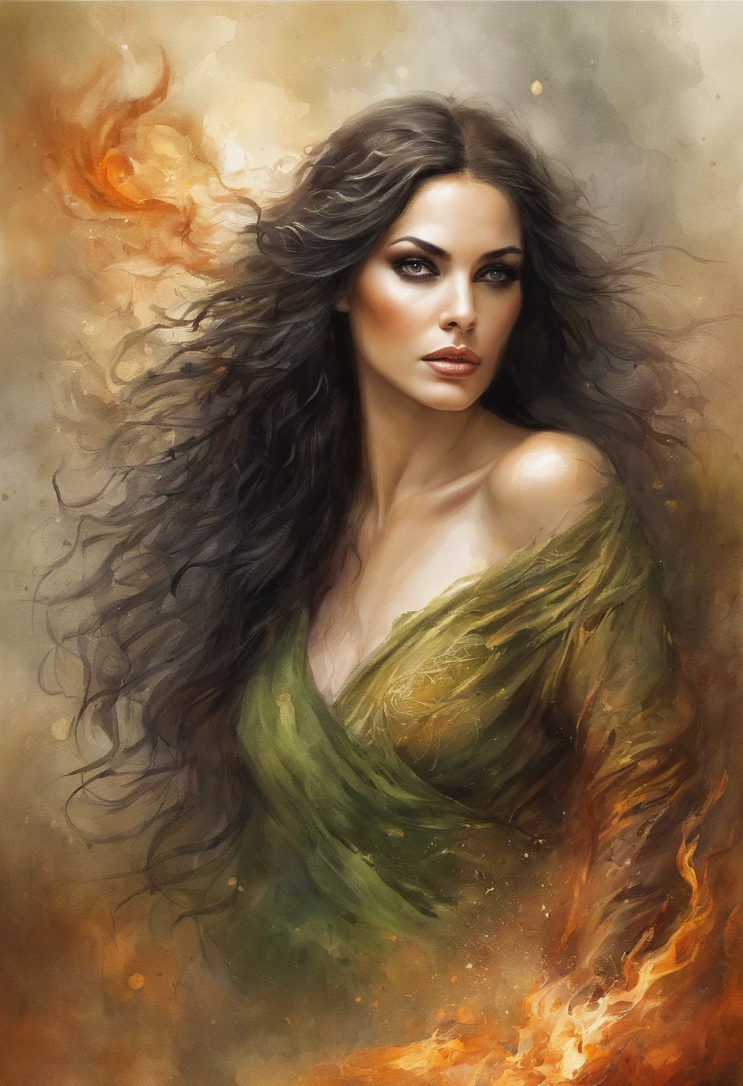 (Masterpiece, Top Quality, Best Quality, official arts, beautiful and aesthetic:1.2), Girl, Detailed Face, Monica Bellucci, Long curly scarlet hair, Green eyes, full - body, Black Flame Dress, witchy, extremely beautiful, higly detailed, (Fire in the background), light effects, highest detail, particles floating, Ancient runes, Geometric patterns, V0id3nergy , dove, eye shadow, epic atmosphere