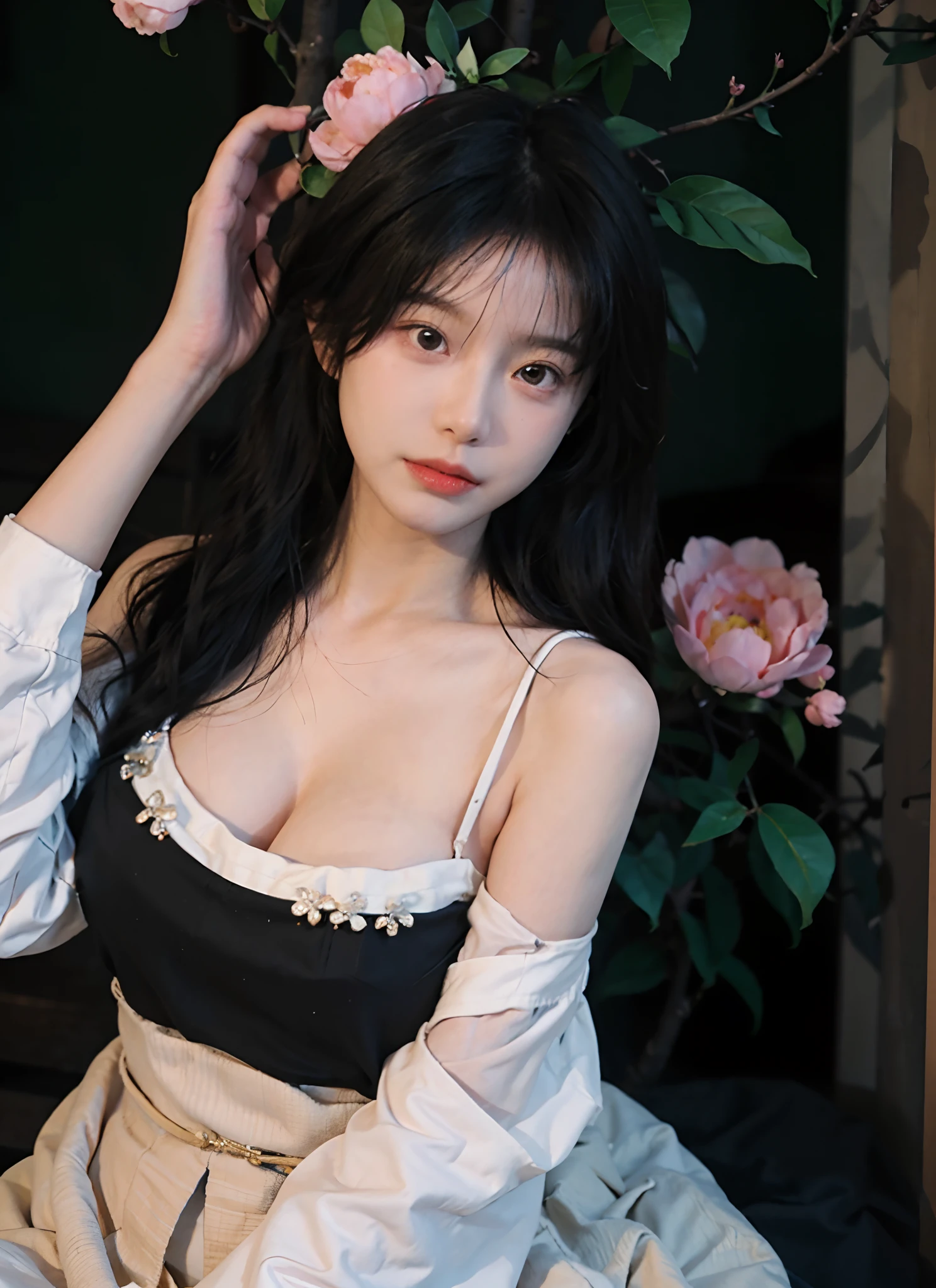 best qualtiy， 超高分辨率， （realisticlying：1.4）， one-girl， A pair of clear and moving peach blossom eyes,Royal Sister，Black long straight，Yellow tight skirt， （big cleavage breasts：1.6）， looking at viewert， closeup cleavage ，