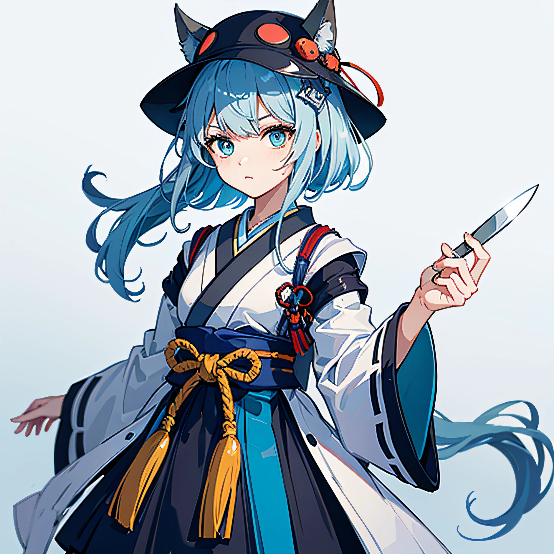 Illustration art style，machine girl，Blue-white color scheme，Samurai of Japan，Double knife，Heterochromic pupils，bucket-hat，No clones