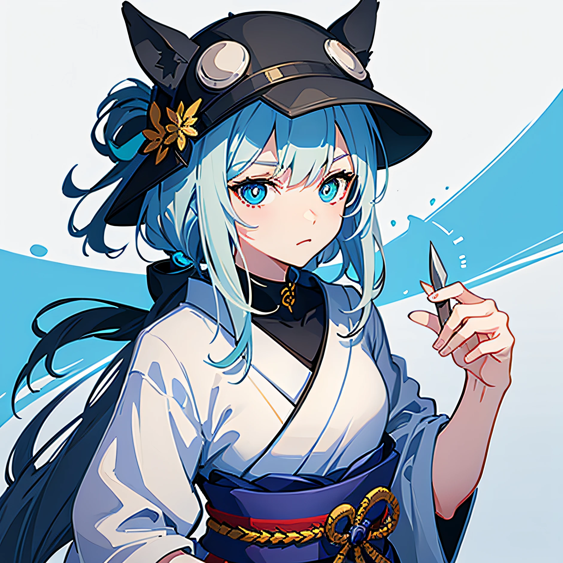 Illustration art style，machine girl，Blue-white color scheme，Samurai of Japan，Double knife，Heterochromic pupils，bucket-hat，No clones