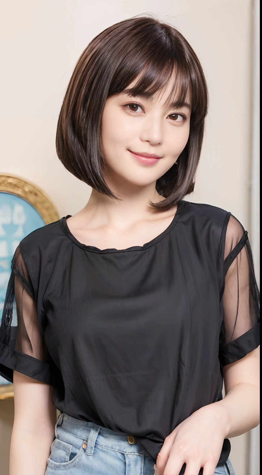 54
(a 20 yo woman), (A hyper-realistic), (Masterpiece), (bob cuts:1.46), kindly smile
