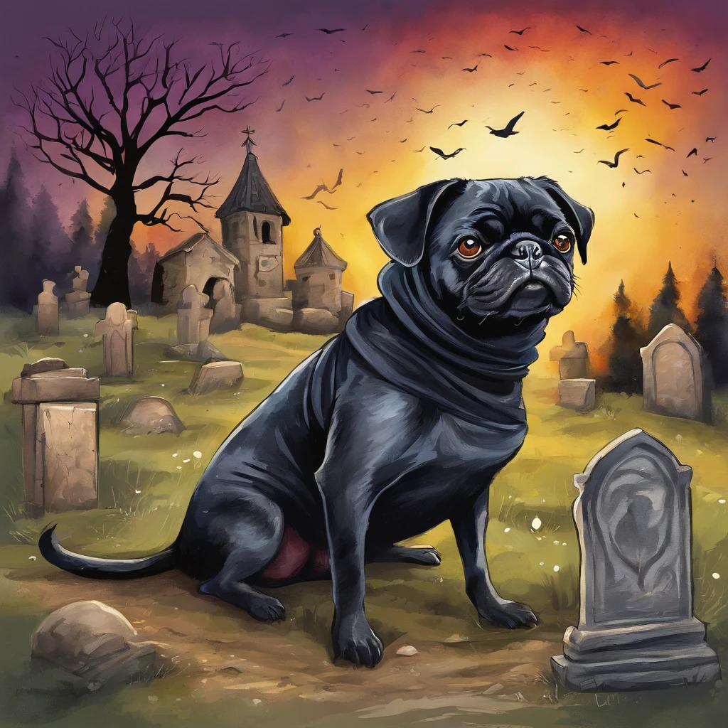 design de camisetas, fundo preto, arte centrada, 2D, vetor, salpicos de cores vivas, detalhes intrincados, Necromancer-pug dog character in black oil coat with wet glitter-looking hood, noite de lua cheia, Meia-noite, graveyard, tombs, Dry trees, luz de aro, Vinheta de borda, Greg Rutkowsk