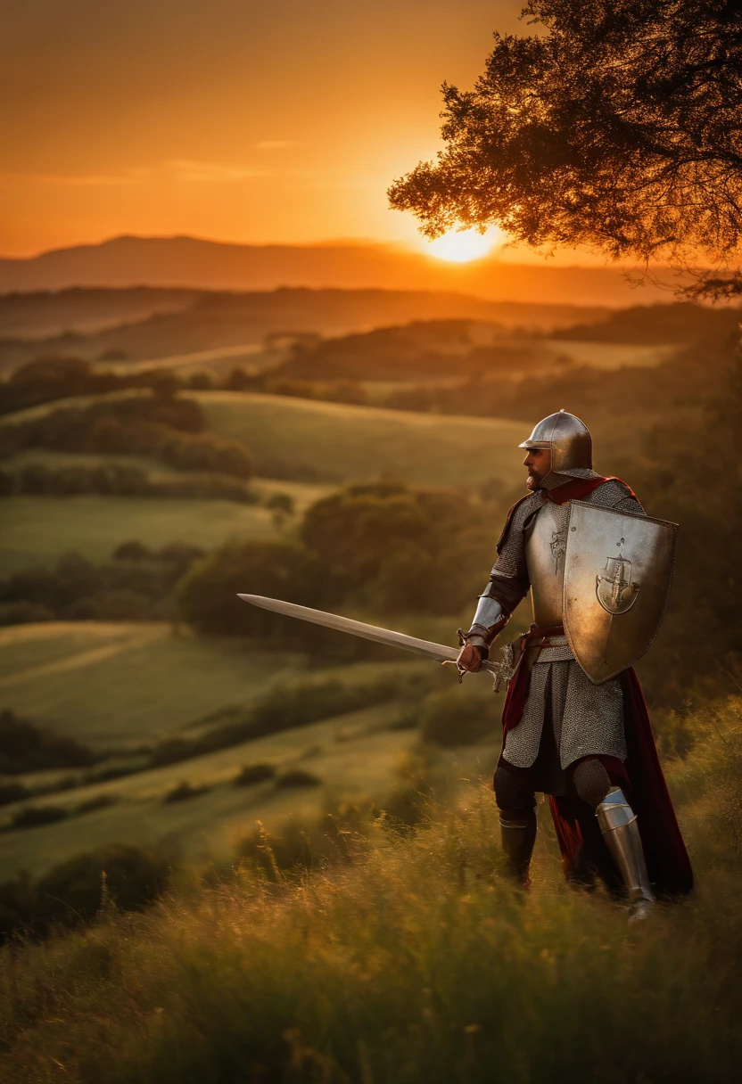 Manoel Gomes dressed as a medieval knight using a sword of light while fighting on a verdant hill with the sunset in the background where 10 bears come against him