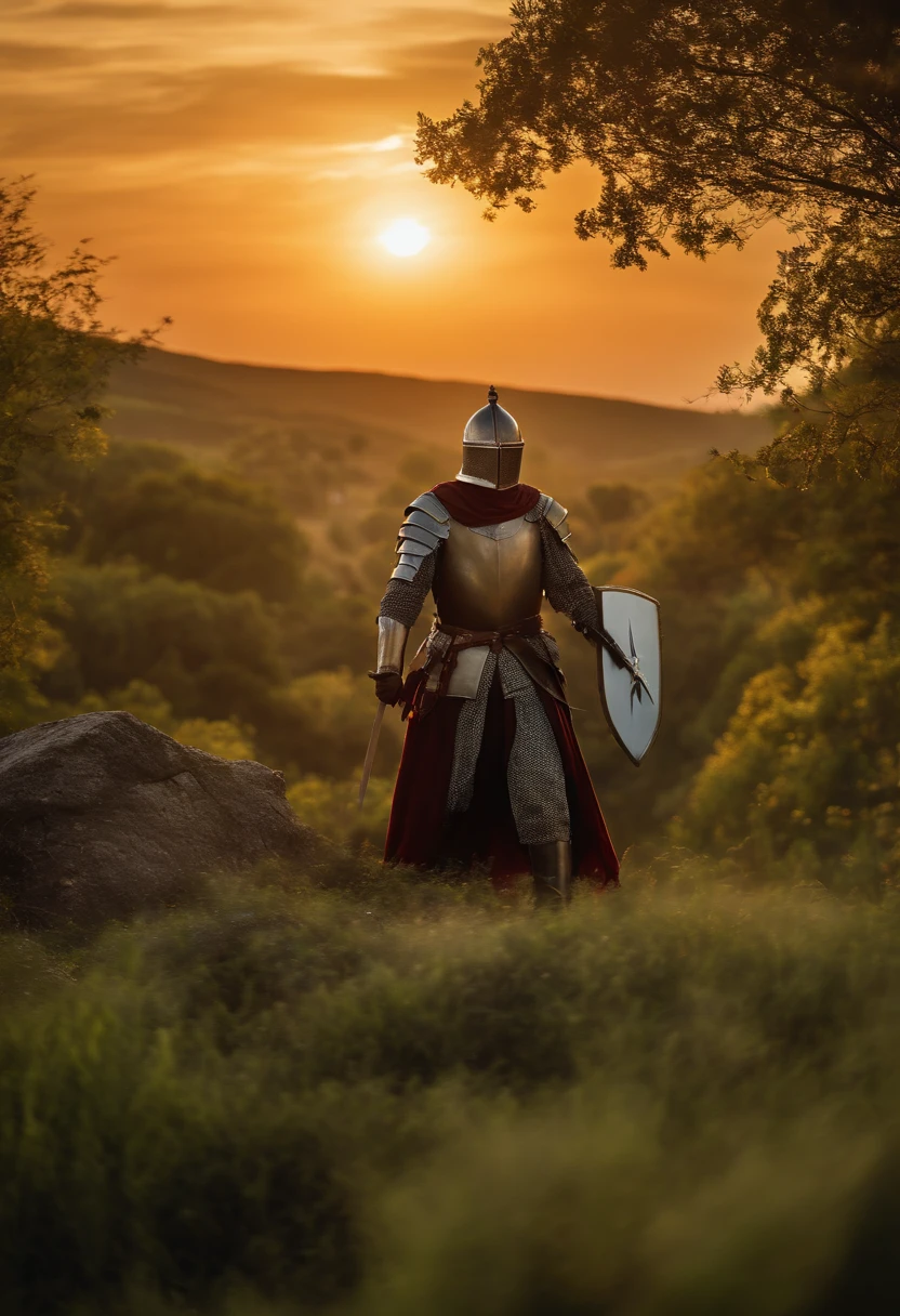 Manoel Gomes dressed as a medieval knight using a sword of light while fighting on a verdant hill with the sunset in the background where 10 bears come against him