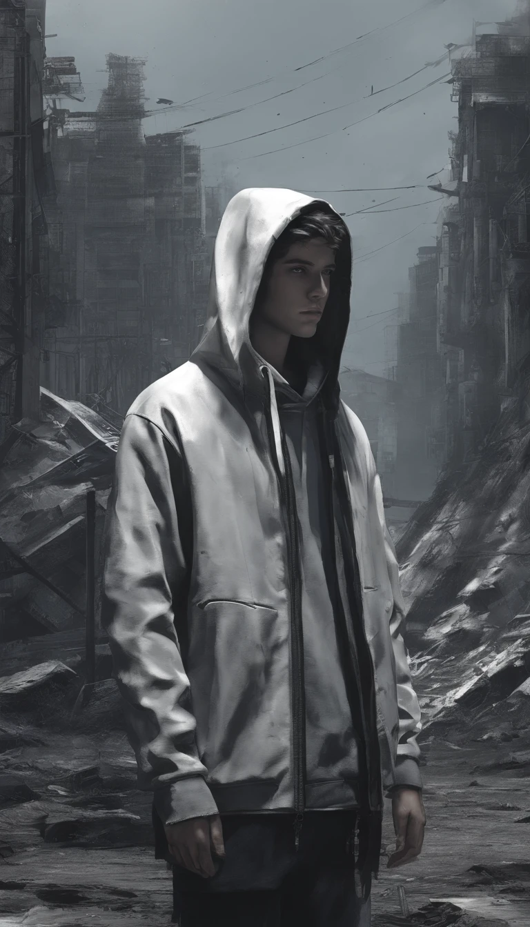 Disappeared so cleanly),(Volumes pile up,Sighed),(Past lives are not much different,Lost myths)), cinematic, tempered fade, boy, hoodie, front of dekstop, back shoot