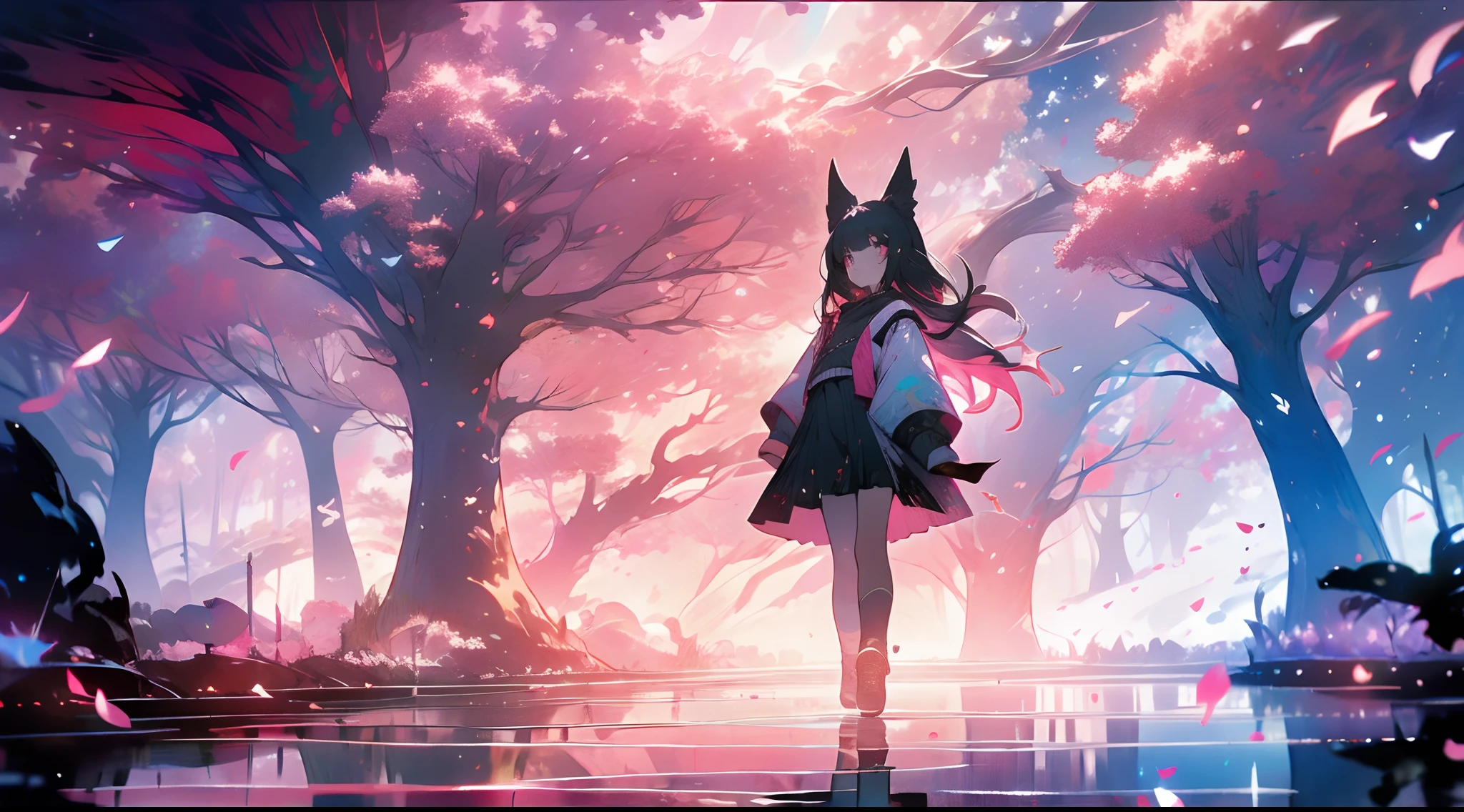 Masterpiece, Best Quality, Ultra-detailed, illustartion, Wide angle, 1girl standing in the middle of the road, 独奏, The road in the middle and the pink cherry trees on the side of the road, full - body, 20 yo, pink hair, sweater, short skirt, moda,, composition, balance, harmony, rhythm, Color, Light, ombre, reflection, refraction, toon, Contrast, foreground, middle ground, Background, naturalistic, figurative, representational.