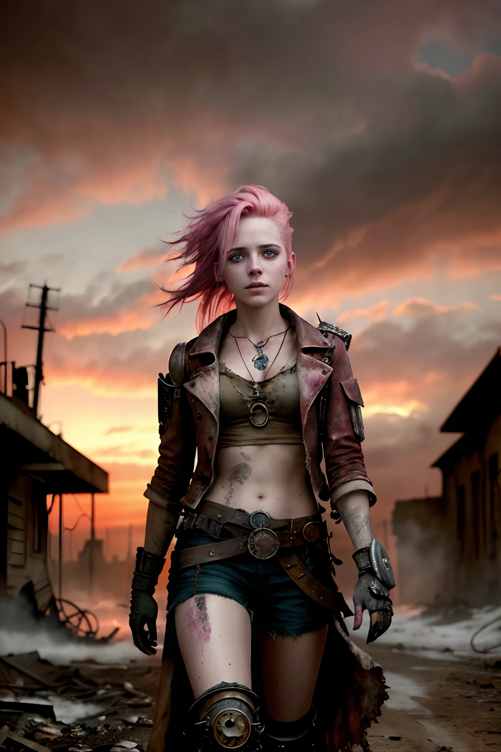 masterpiece, ultra detailed, 8K, Raw photo, Realistic light, Cinematic composition, skyscape with clouds,  full colours nightfall, depth of field, 35 mm, postapocalyptic aura, steampunk aesthetic, 18 years old cute woman, on the ruined street, (torn dirty steampunk clothing), cute sexy, depth of field, (Focus: 1.2), dark atmosphere, in dinamic movement, cinematic lighting, detailed face and skin texture, fine eyes, pink hair colour, action movie style, vivid colours