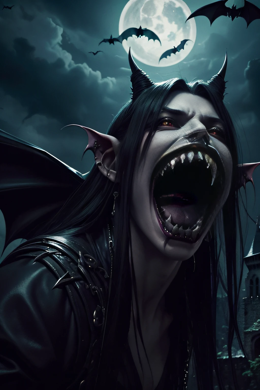 fantasy theme, dark atmosphere, old castle, vampire cosplay, beautiful woman, (long fangs:1.5), (sharp teeth1.3), open mouth with scary face:1.3, Bats are flying everywhere in the sky, (Masterpiece), (Best Quality), (Ultra high Detailes)