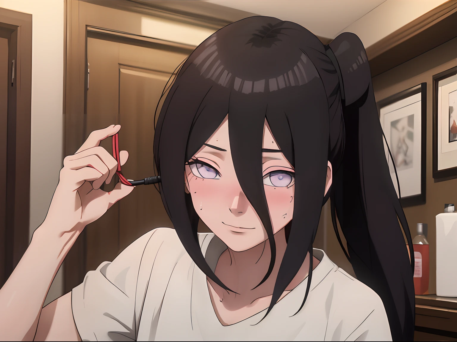 tmasterpiece, highly detailed, best qualtiy, 超高分辨率, 1girll, 独奏,(Hinata flower proportions:1),Long hair hanging low, Hair Band, Hana's purple eyes, pony tails, Beautiful, Beautiful woman, Perfect body, perfect breastm, view the viewer, Slight smile, Realism, Masterpiece, Textured skin, Super detail, High detail, High quality, Best quality, 16k,(Wear nurse clothing,Nurse top),Being in a hotel,Take the whip,holding a whip,Enchanting pose,(Wearing long black stockings),(perspire,Sweat a lot,Blushlush,Be red in the face,I had a lot of sweat on my face,Blushlush),(Sweat a lot on my face,Be red in the face,Blushlush,There is a blush on the face)