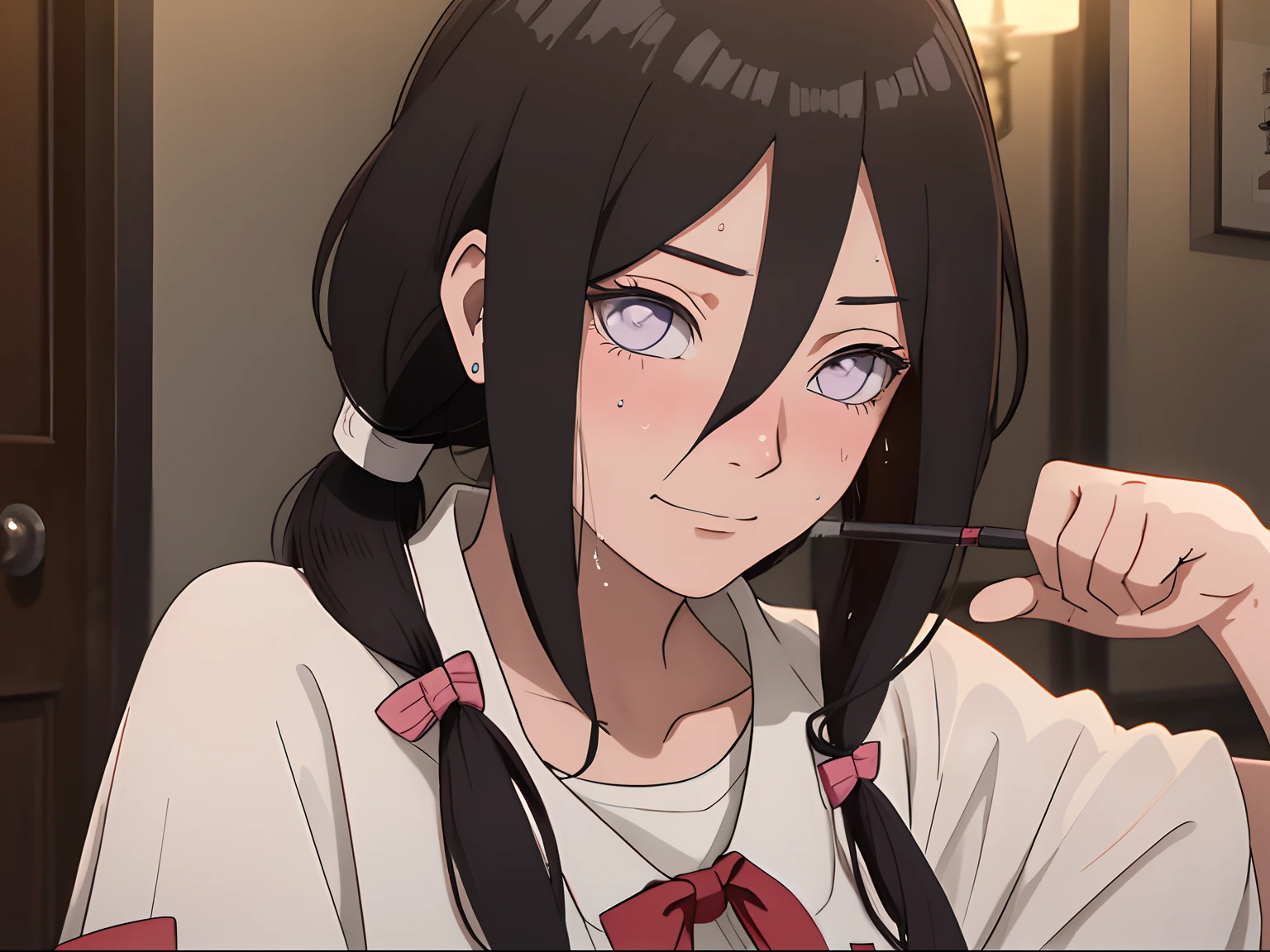 tmasterpiece, highly detailed, best qualtiy, 超高分辨率, 1girll, 独奏,(Hinata flower proportions:1),Long hair hanging low, Hair Band, Hana's purple eyes, pony tails, Beautiful, Beautiful woman, Perfect body, perfect breastm, view the viewer, Slight smile, Realism, Masterpiece, Textured skin, Super detail, High detail, High quality, Best quality, 16k,(Wear nurse clothing,Nurse top),Being in a hotel,Take the whip,holding a whip,Enchanting pose,(Wearing long black stockings),(perspire,Sweat a lot,Blushlush,Be red in the face,I had a lot of sweat on my face,Blushlush),(Sweat a lot on my face,Be red in the face,Blushlush,There is a blush on the face)