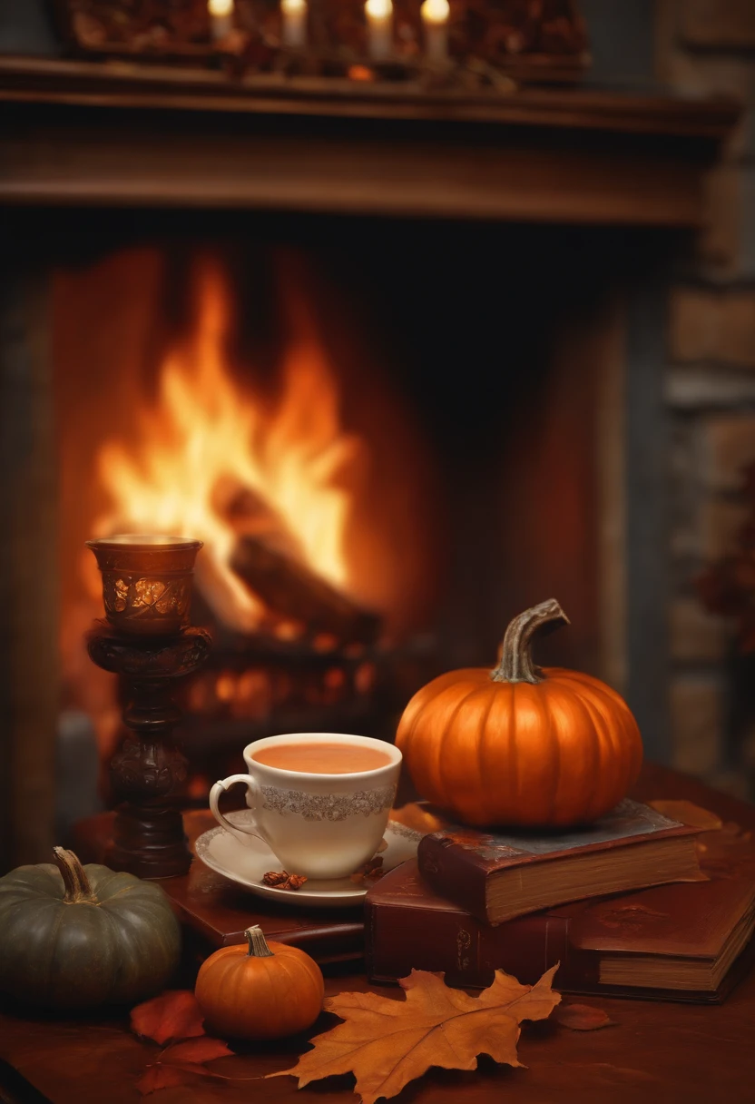 Oil painting of cozy scene in fireplace, bookcase, and a cup of hot chocolate, There are several autumn leaves and one pumpkin on the mantelpiece and floor.
