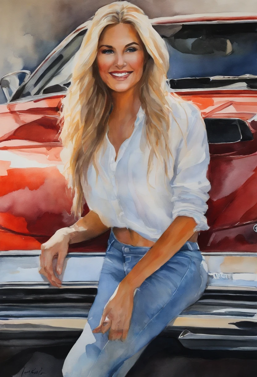 (obra-prima, mejor calidad),1chica joven sensual rubia feliz riendo con cabello claro sentada en un carro lamborghini rojo, la mano debajo de la barbilla, warm lighting, vestida de blue jeans and shirt, primer plano borroso